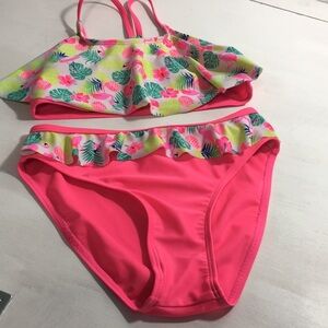 Real Live Girls Swim Suite Two Pc Bikini Pink/Floral/Flamingos Size 6-6X